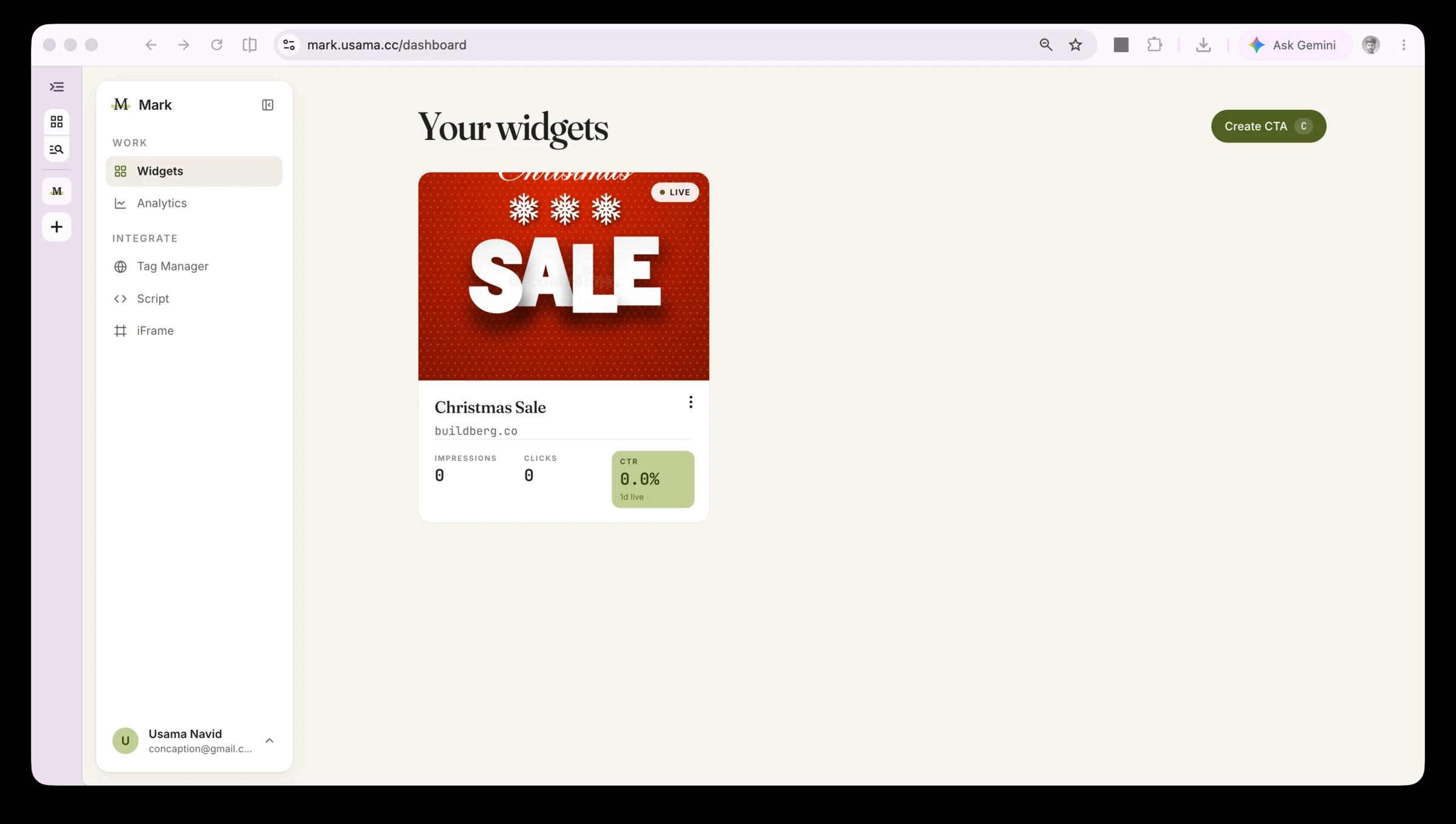 Mark dashboard showing a Christmas Sale widget with live impressions and click-through rate